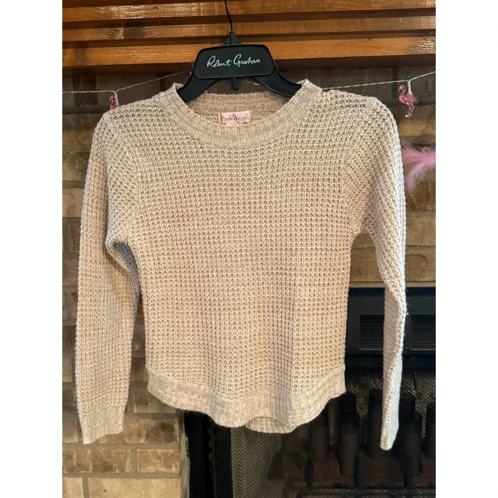 Pink Angel Girls Tan Beige Open Knit Crew Neck Sweater Size M 10/12 High Low Hem